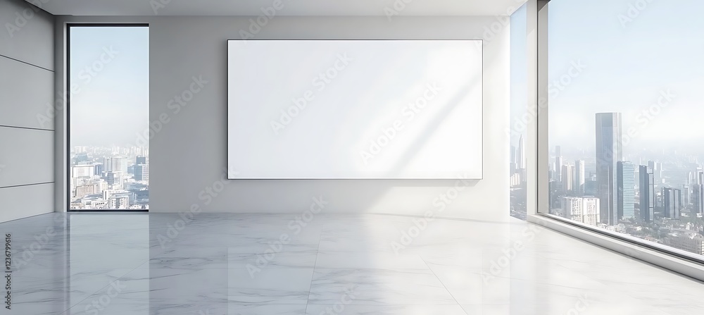 Poster a modern office with a large presentation screen and empty space for tex