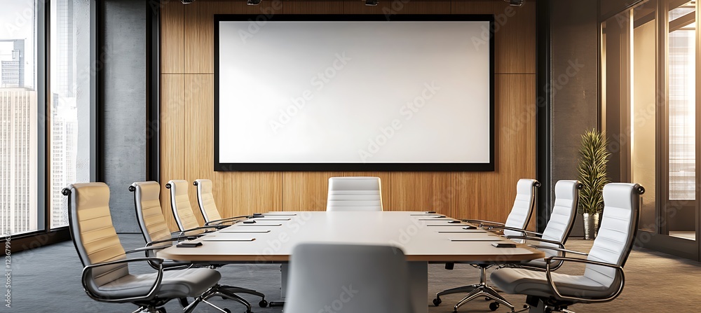 Poster a modern office with a large presentation screen and empty space for tex
