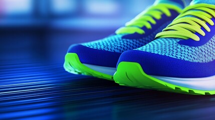 Close-up of vibrant athletic shoes on a sleek surface, showcasing modern design and dynamic color