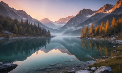 Misty dawn over Arcoglio lake in Valmalenco Alps , mountain, reflection, lake