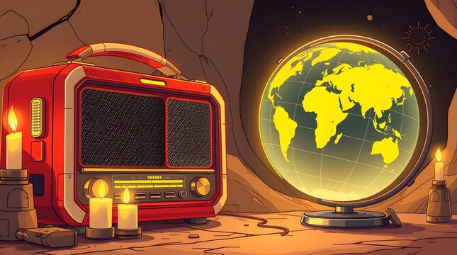  Vibrant colors illuminate a retro radio station broadcasting World Radio Day. A blue and red console displays the text in a bold, stylized font