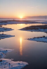 Fototapeta premium Misty dawn over the Gulf of Bothnia with the sun slowly rising above frozen waters, landscape, mist