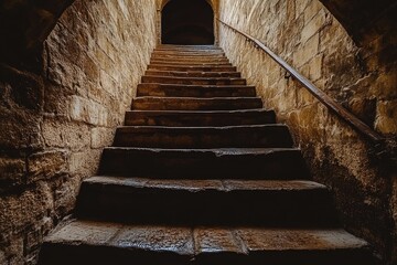 Ancient Stone Staircase Leading to Mysterious Dark Archway in Historic Underground Passage © kvladimirv