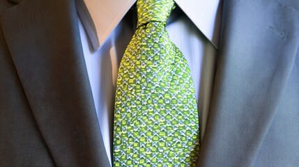 Close up view of a man's suit and lime green patterned tie. The dark suit is subtly textured, and the tie is the focal point. The image has a
