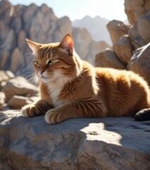 Mountain cat napping in the sun on a rocky outcropping, rock formation, animal, outdoor scene