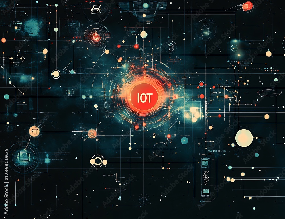 Poster abstract iot network visualization with glowing nodes and connections.