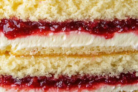 Close up view of a layer cake revealing rich textures and vibrant colors of cream and strawberry jam filling