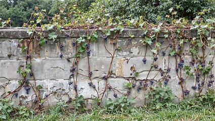 Overgrown garden wall with wild grapevines and purple fruit clusters