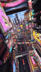 Fototapeta premium A striking dystopian cityscape showcasing neon streets and skyscrapers reflecting societal tension.