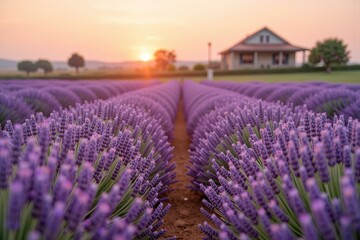 Obraz premium stunning lavender field during sunset. Rows of vibrant purple lavender stretch out in neat lines toward the horizon, creating a wavy pattern. In the background, a quaint house with a red roof sits ami