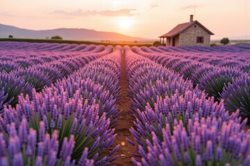 Obraz premium stunning lavender field during sunset. Rows of vibrant purple lavender stretch out in neat lines toward the horizon, creating a wavy pattern. In the background, a quaint house with a red roof sits ami