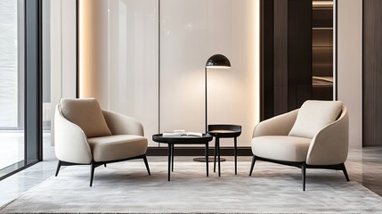 Modern minimalist living room with two armchairs and a coffee table