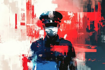 Abstract illustration of a police officer wearing a mask amidst bold red and blue colors, symbolizing law enforcement and public safety in a modern urban environment.