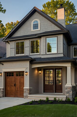 Obraz premium Luxury Suburban Home Exterior: Modern Architectural Design with Gray Siding, Brown Doors, and Stone Accents