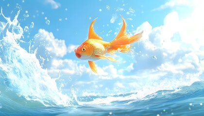 Obraz premium Golden Fish Leaps Over Ocean Wave Under Sunny Sky