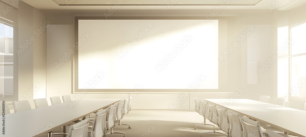 Poster a professional meeting space with a large presentation board and empty space for text