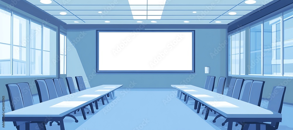 Poster a professional meeting space with a large presentation board and empty space for text