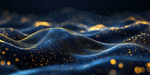 Abstract representation of shimmering waves with golden particles, suitable for digital art, backgrounds, and festive themes.