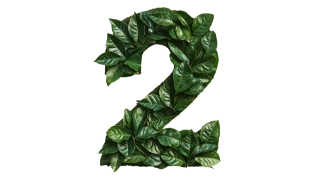close up of number 2 made of vibrant green leaves, symbolizing nature - Powered by Adobe