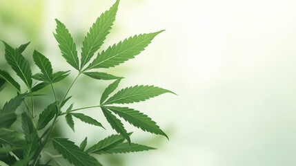 Fototapeta premium Fresh green cannabis leaves with soft bokeh background create serene atmosphere