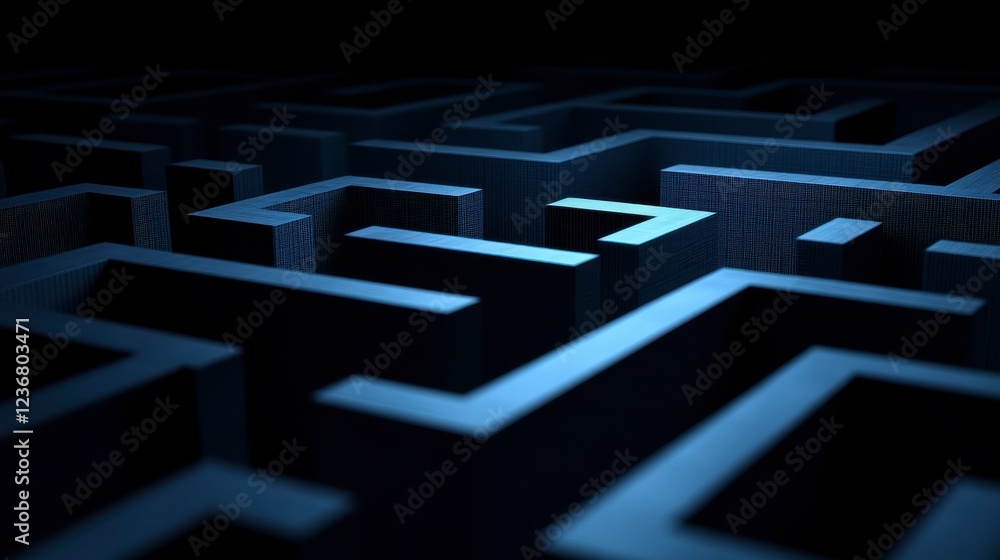 Poster complex dark blue maze pattern with intricate pathways and shadowed depths. a three dimensional pers