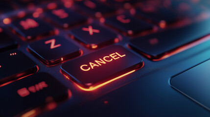 Glowing red cancel key highlighting keyboard surface, signaling potential workflow interruption