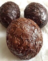 Three dark brown chocolate eggs decorated with embossed floral patterns, resting on a crumpled white background. Close up view showcasing intricate