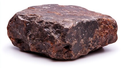 Obraz premium Dark brown rough textured rock isolated on white background. Irregular shape, showing natural variations in color and surface. Studio shot, high key