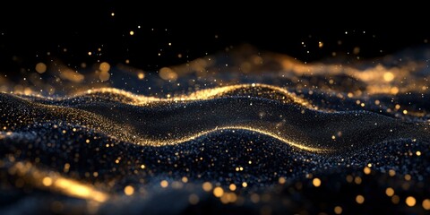 Abstract representation of shimmering waves with golden particles, suitable for backgrounds, digital art, and luxury branding.