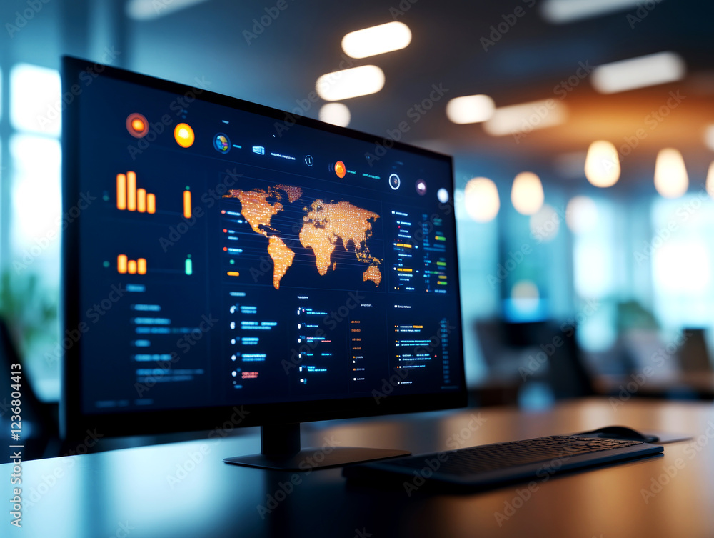 Poster dynamic data visualization at an office desk modern workplace environment digital insights professio