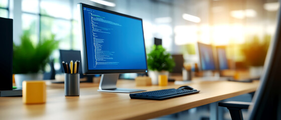 Dynamic office desk setup for programming tasks modern workspace digital environment bright viewpoint focused concept