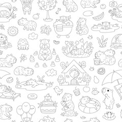 Vector black and white capybara seamless pattern. Cute line capibara repeat background with bath, fruit, reeds, birds, tangerines. Funny digital paper, coloring page with relaxing animals