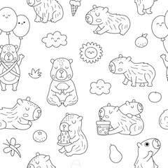 Obraz premium Vector black and white capybara seamless pattern. Cute line capibara repeat background with sun, clouds, balloons, tangerines. Funny digital paper, coloring page with relaxing animals