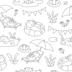 Vector black and white capybara seamless pattern. Cute line capibara repeat background with pond, water lily, reeds. Funny digital paper, coloring page with relaxing animals