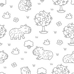 Obraz premium Vector black and white capybara seamless pattern. Cute line repeat background with capibara with tangerine tree, bushes, flowers. Funny digital paper, coloring page with relaxing animals