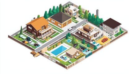 Aerial View of Modern Neighborhood with Different House Designs and Outdoor Spaces Including Swimming Pool, Garden, and Driveways on Vibrant Landscape