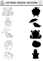 Capibara black and white shadow matching activity. Capybara shape recognition puzzle, coloring page. Find correct silhouette printable worksheet, game for kids with animals doing relaxing activities