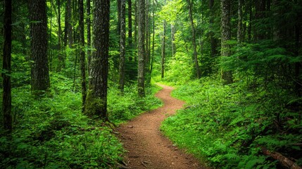 Fototapeta premium A narrow dirt trail winding through a dense jungle, surrounded by tall trees and lush green foliage.