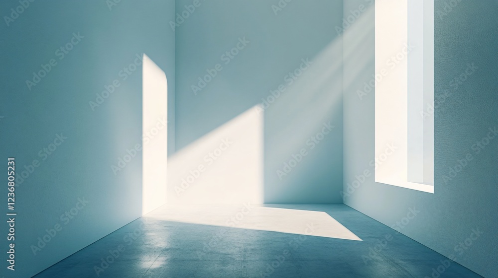 Sticker Sunbeams illuminating empty room with concrete floor and white walls creating abstract geometric shadows