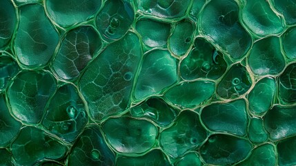 Close up of green leaf cells with water droplets highlighting textures for nature and biology themes