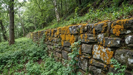 Obraz premium Overgrown stone wall in dense forest with ferns and lichens