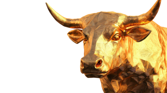 Golden bull with futuristic digital glow, isolated on transparency background