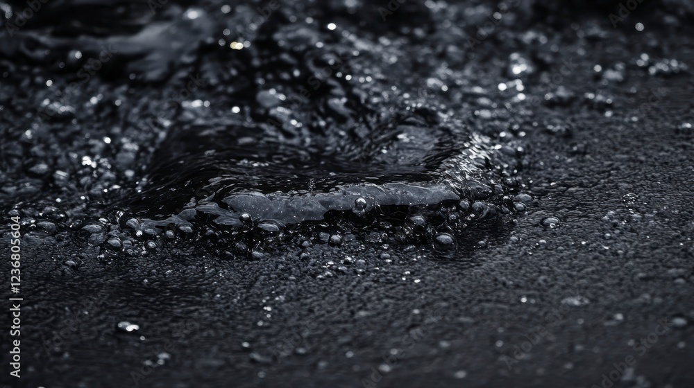 Poster close up shot of dark water with small bubbles and droplets, creating a textured surface. the overal