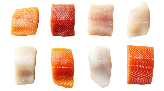 Neatly arranged fillet slices of different fish types on transparency background