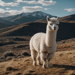 A white alpaca with graying fur standing on a windy plateau.