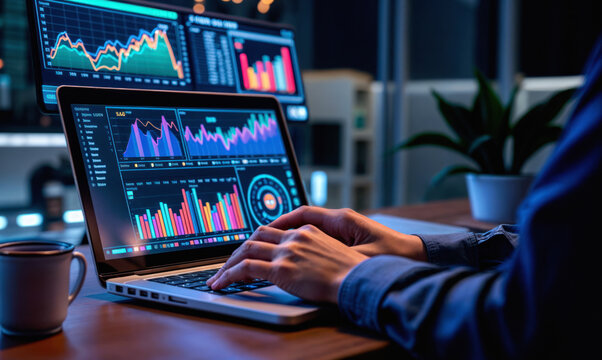 Market analytics data on laptop screen in dark office with financial charts, investment metrics, trading statistics, portfolio performance