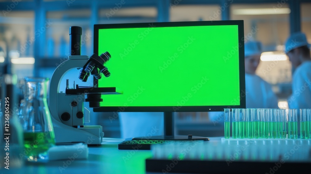 Poster laboratory scene with a desktop computer showing a green screen mock-up, test tubes, microscope, and