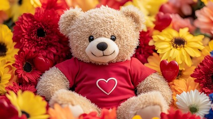 Obraz premium A teddy bear in a red shirt with a heart sits on a flower bed. The concept of warmth and love, Valentine's Day