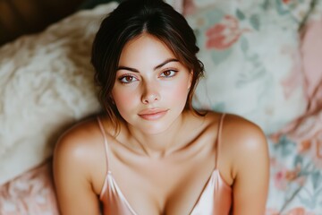 Naklejka premium Portrait of a Relaxed Woman in Pink Satin Lingerie on a Floral Bedspread