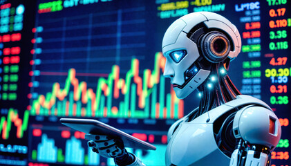 Artificial intelligence robot with financial data analytics background. Ai trader with technology interface. Market charts and automated trading system. Futuristic machine learning analysis